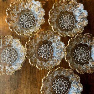 Vintage Gold Trim Glass Dessert Bowls Set of 6 Starburst Pattern Cute